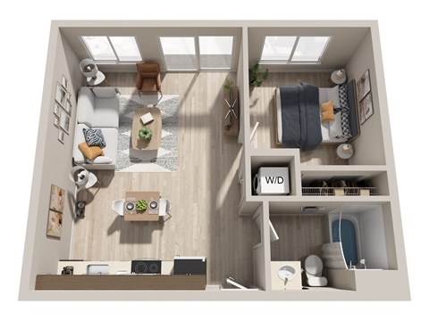 Floor plan for 1 bed, 1 bath, 590 sqft
